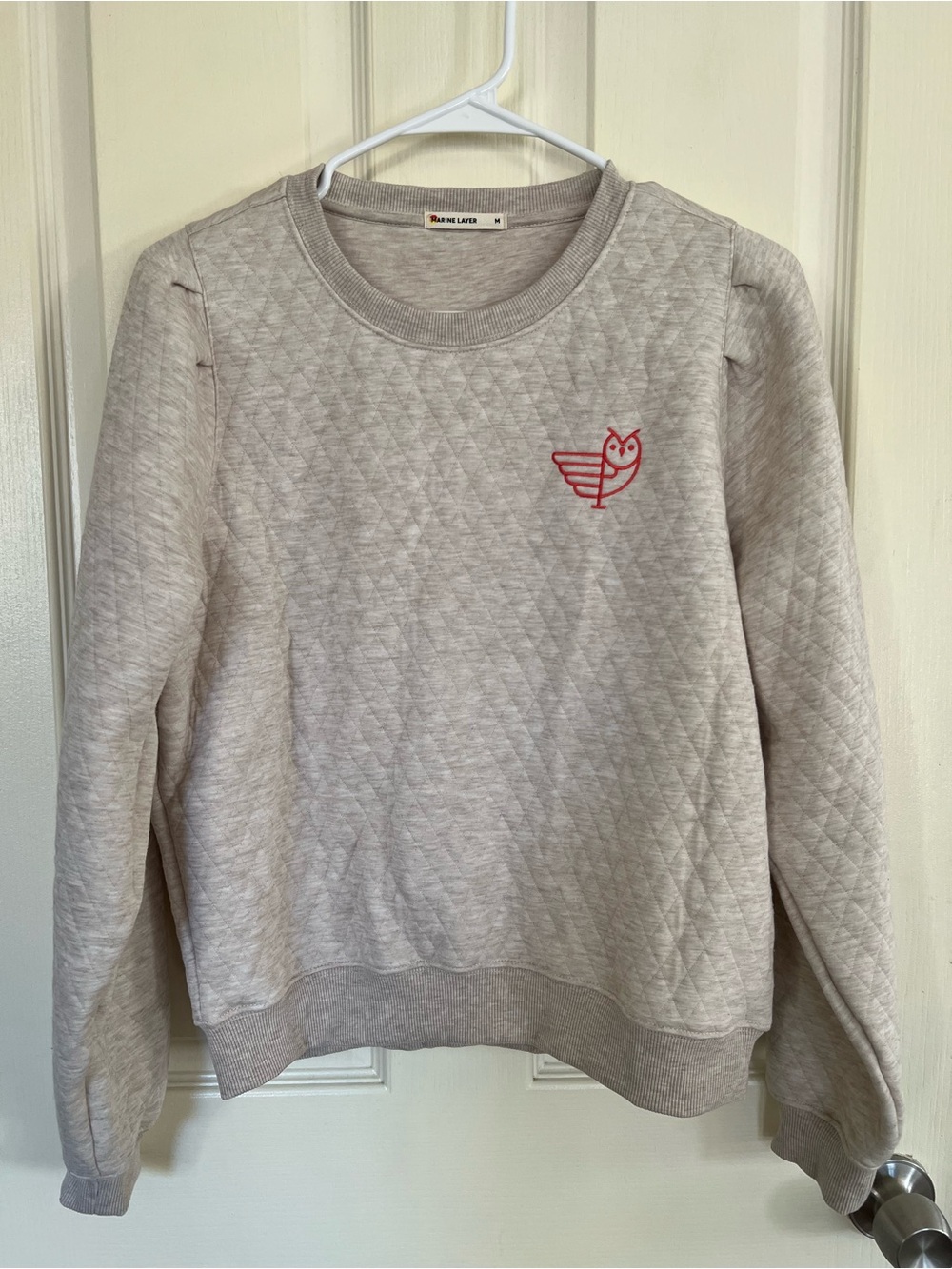 Marine Layer Quilted Owl Embroidered Crewneck Sweatshirt Oatmeal M